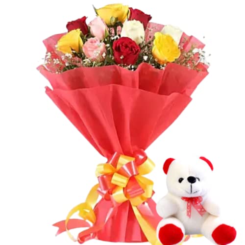 Floralbay Floralbay Teddy Day Special Fresh Flowers Bunch of Mix Roses in Red Paper Packing With 6 Inch Teddy Bear 