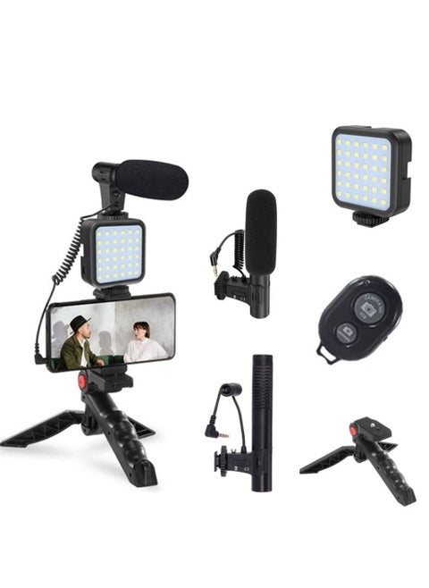 Tripod Holder, Video Kit Accessories, Table Tripod Phone Holder, Microphone LED Video Light Remote Shutter, for Phone Video Recording, for YouTube, for Vlog (black)