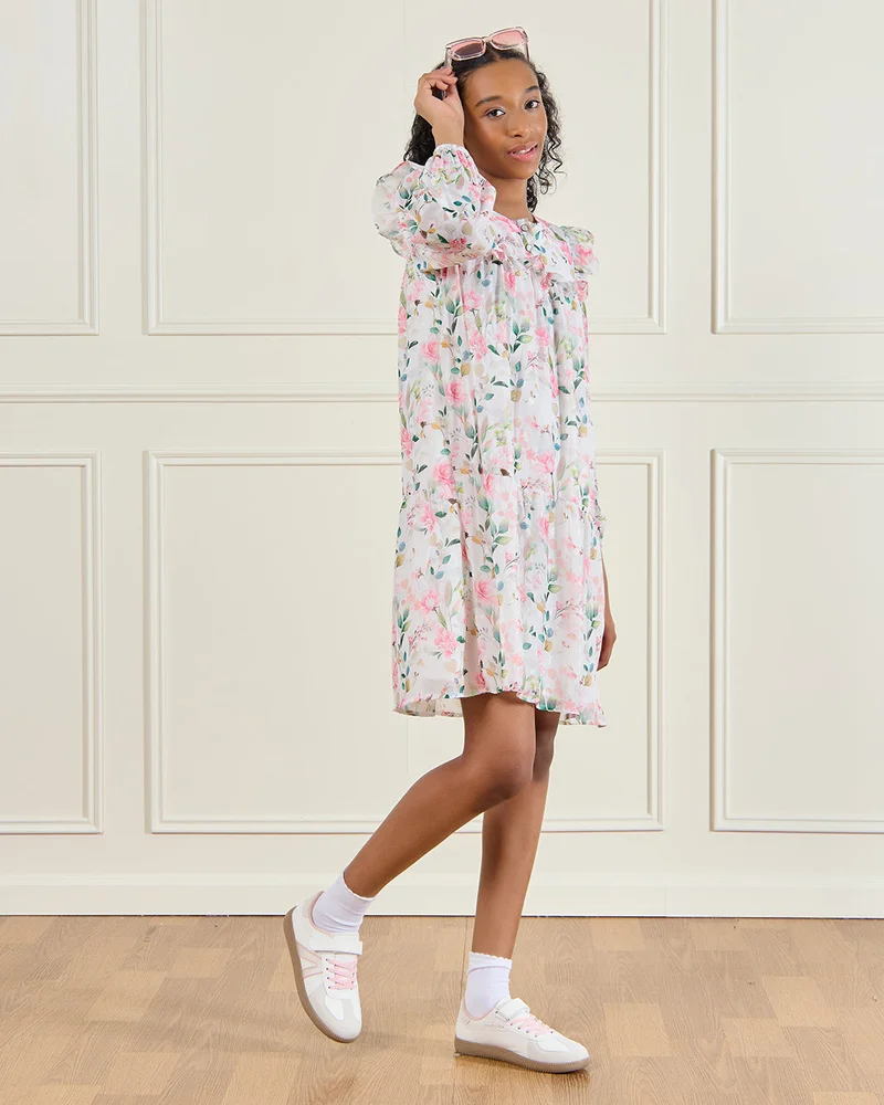 REDTAG Senior Girls White  Long Sleeve Printed Dress
