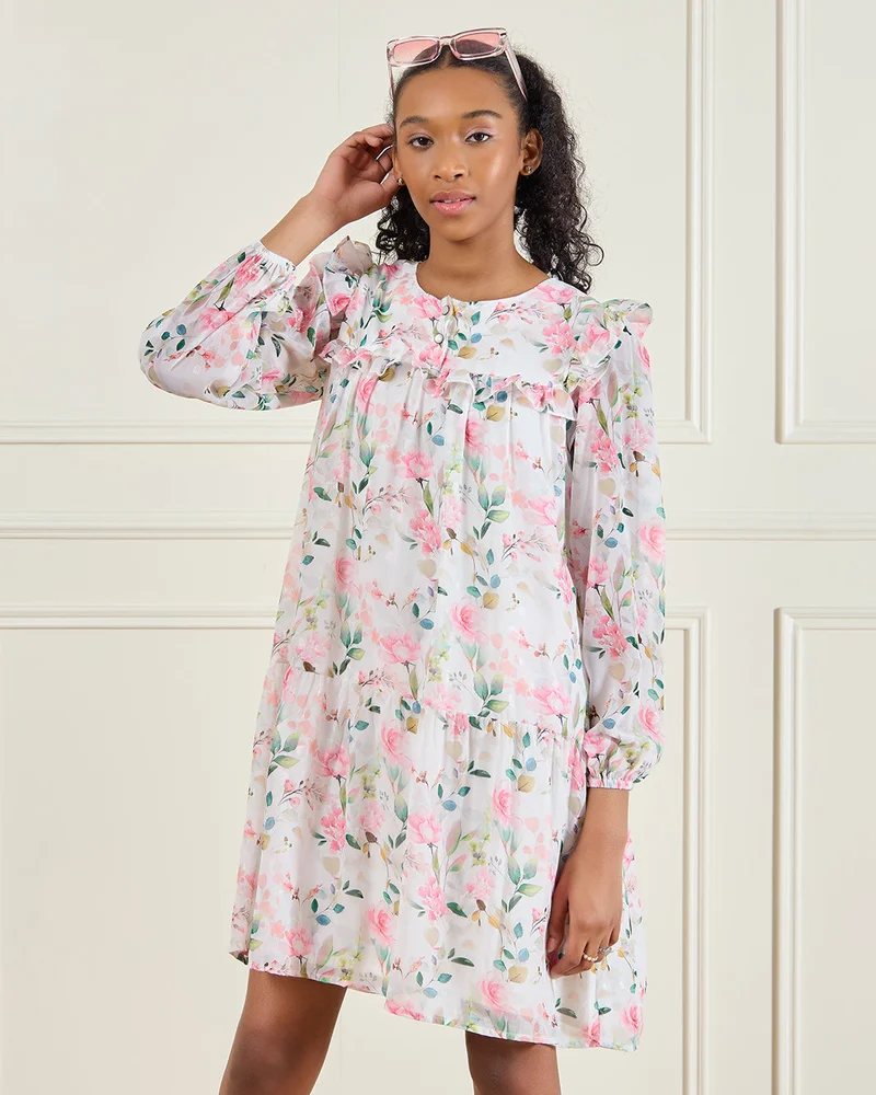 REDTAG Senior Girls White  Long Sleeve Printed Dress