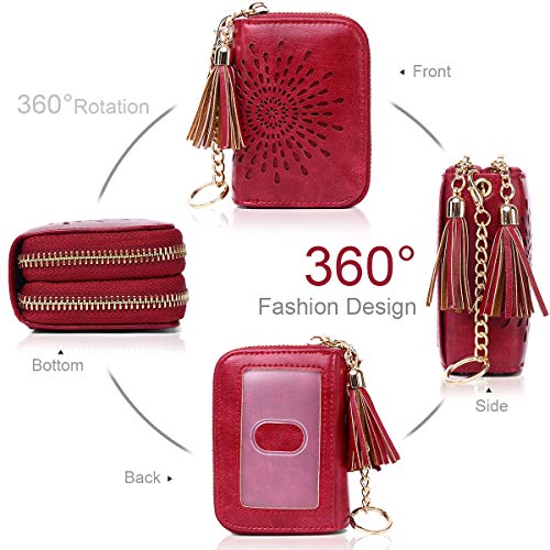 APHISON RFID Credit Card Holder Zipper Card Case Keychain Small Wallet for Women 1942-2 RED - Image 2