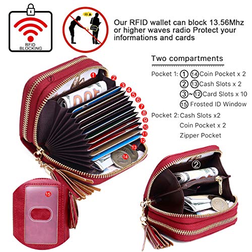 APHISON RFID Credit Card Holder Zipper Card Case Keychain Small Wallet for Women 1942-2 RED - Image 3