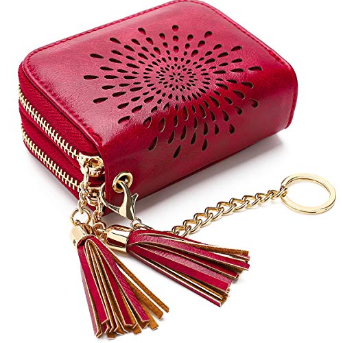 APHISON RFID Credit Card Holder Zipper Card Case Keychain Small Wallet for Women 1942-2 RED - Image 1