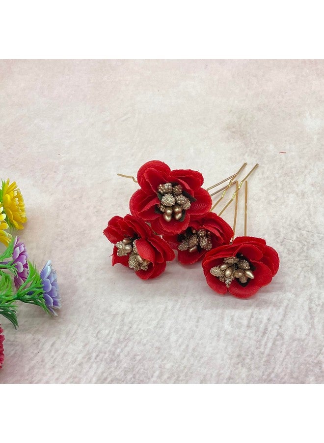 Maahal Handmade Bride Floral Juda Pin For Women Elegant Red U-shaped Hair Fork Wedding Hair Accessories|Pack Of 4 - Image 1