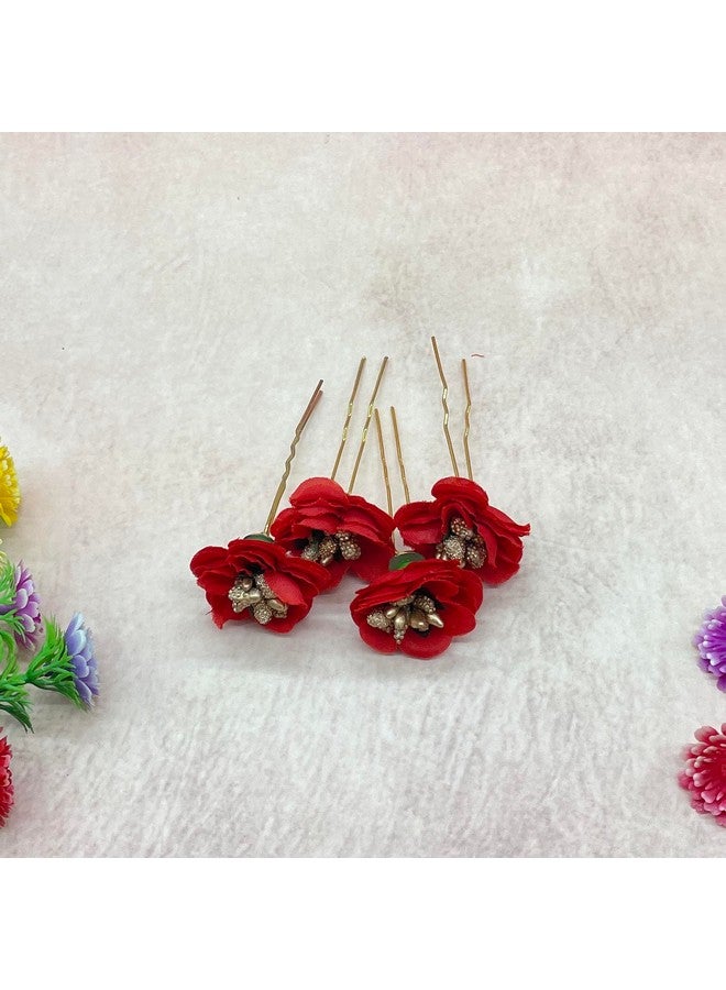 Maahal Handmade Bride Floral Juda Pin For Women Elegant Red U-shaped Hair Fork Wedding Hair Accessories|Pack Of 4 - Image 2