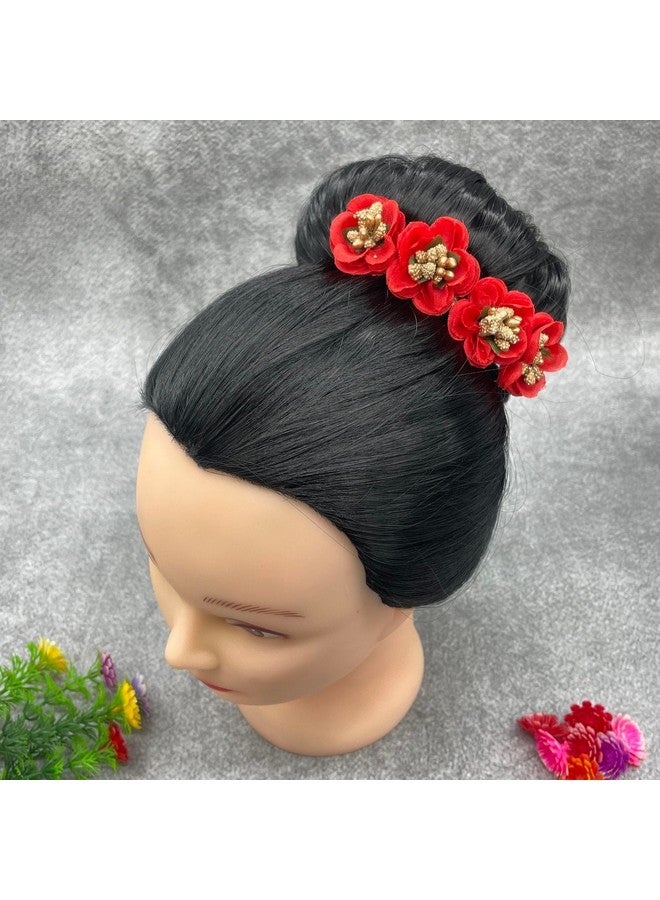 Maahal Handmade Bride Floral Juda Pin For Women Elegant Red U-shaped Hair Fork Wedding Hair Accessories|Pack Of 4 - Image 3