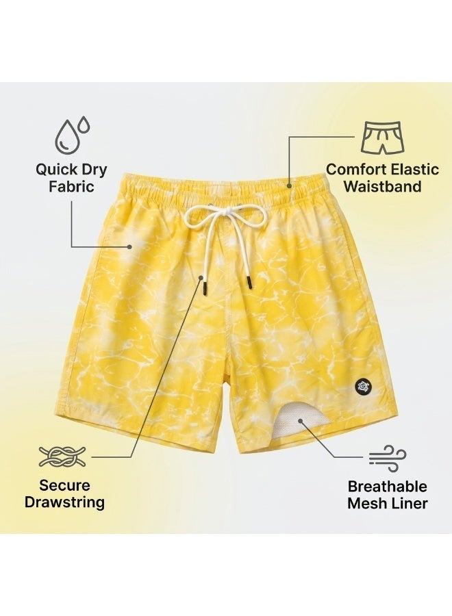 IceZone Men's Swim Trunks, Golden Lagoon Yellow Water Print, Quick Dry Beach Shorts with Drawstring & Mesh Lining - Image 2