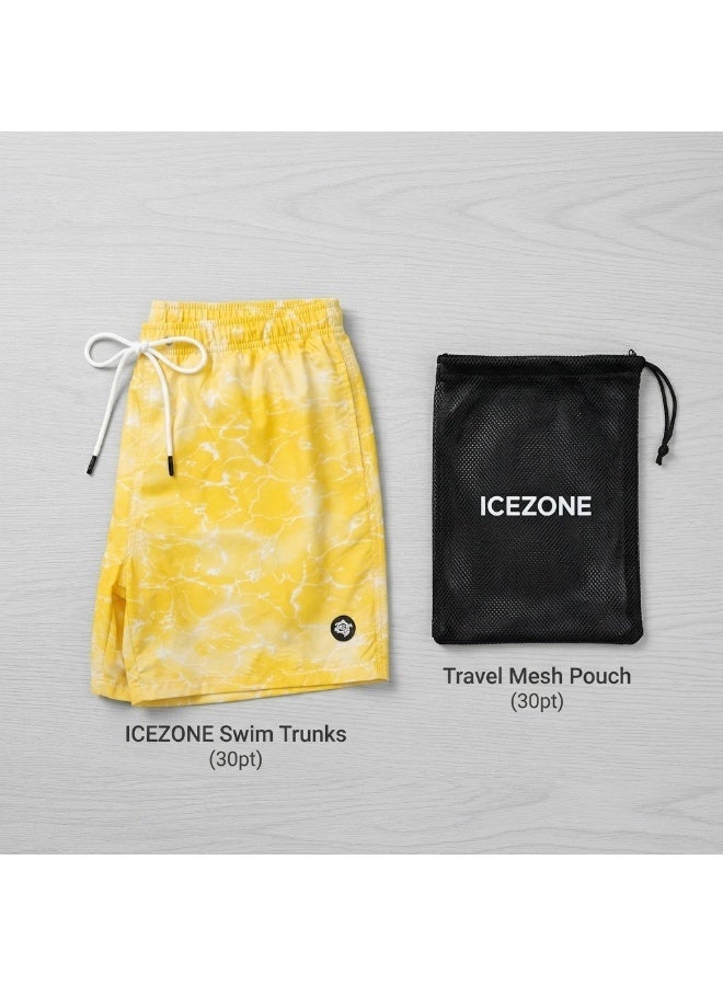 IceZone Men's Swim Trunks, Golden Lagoon Yellow Water Print, Quick Dry Beach Shorts with Drawstring & Mesh Lining - Image 3