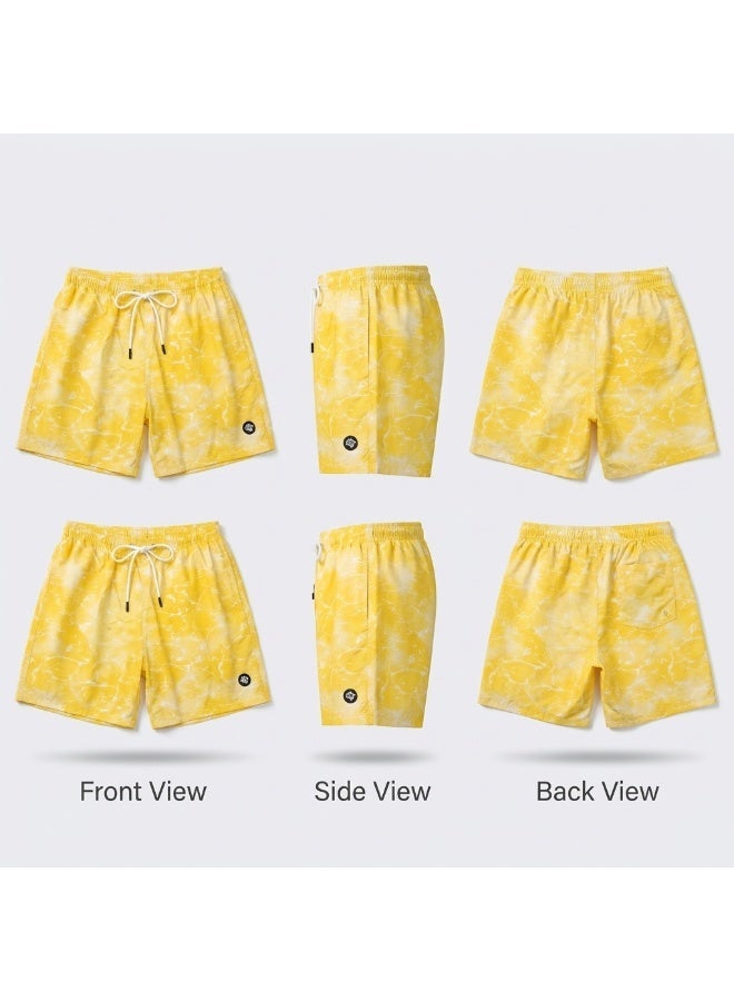 IceZone Men's Swim Trunks, Golden Lagoon Yellow Water Print, Quick Dry Beach Shorts with Drawstring & Mesh Lining - Image 4