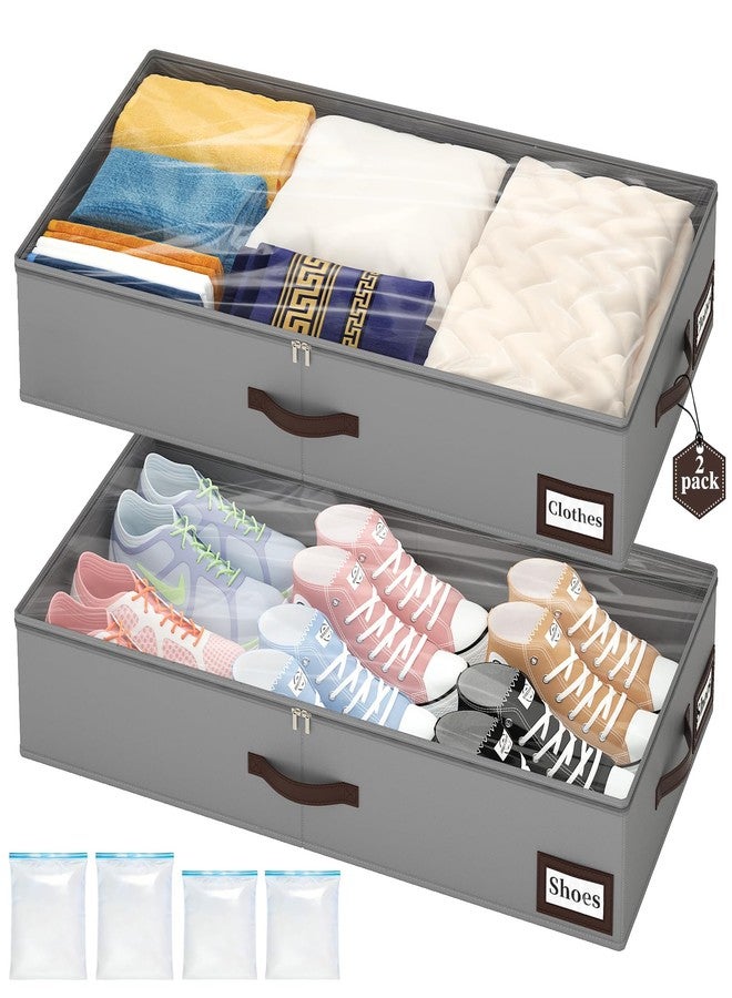 OIAHOMY 2 Pack Under Bed Storage with 4 Compression Bags, Underbed Organizers for Bedroom & Closet, Fits Beds Higher than 5.9", Space-Saving for Seasonal Clothes, Blankets & Shoes - Grey - Image 1