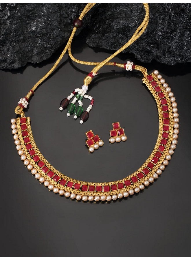 بيورا طقم مجوهرات تقليدي مطلي بالذهب ومرصع بالألماس الأحمر من بيورا مع أقراط للنساء والفتيات - Image 3