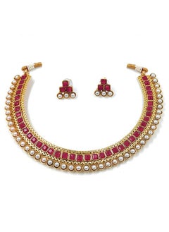 PEORA Peora Traditional Gold Plated Red Studded Traditional Choker Necklace & Earrings Jewellery Set for Women Girls  - Image 1