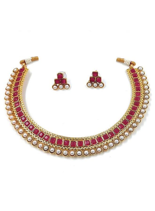 بيورا طقم مجوهرات تقليدي مطلي بالذهب ومرصع بالألماس الأحمر من بيورا مع أقراط للنساء والفتيات - Image 1