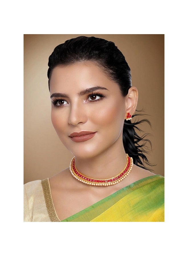 بيورا طقم مجوهرات تقليدي مطلي بالذهب ومرصع بالألماس الأحمر من بيورا مع أقراط للنساء والفتيات - Image 2