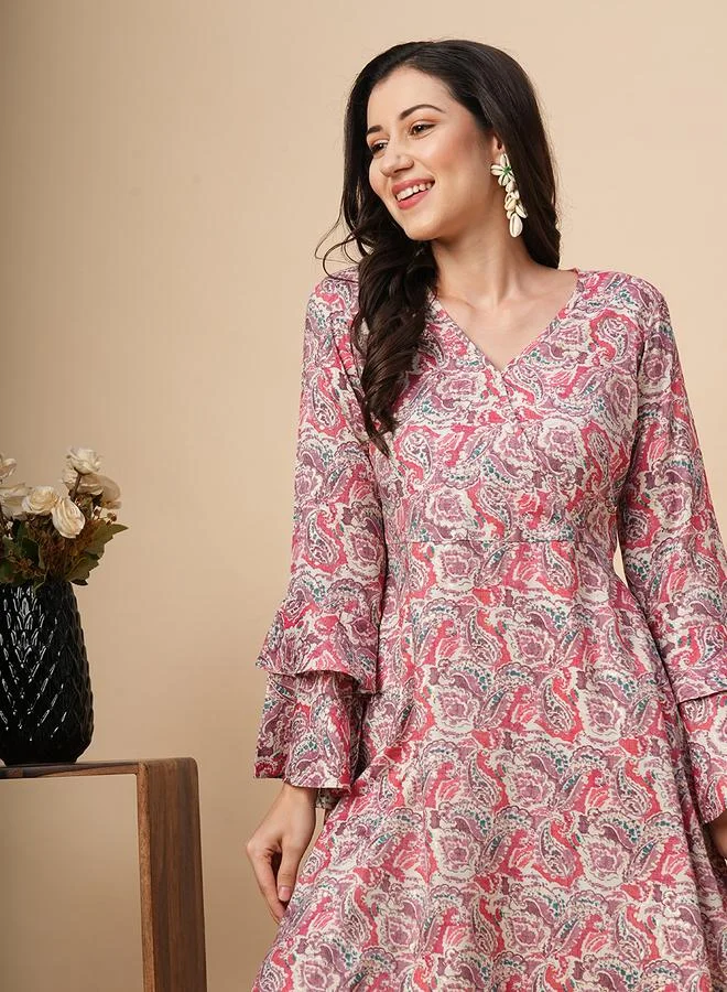 globus  Globus Women Pink All-Over Print V Neck A-Line Mini Dress for Women | Best Price UAE