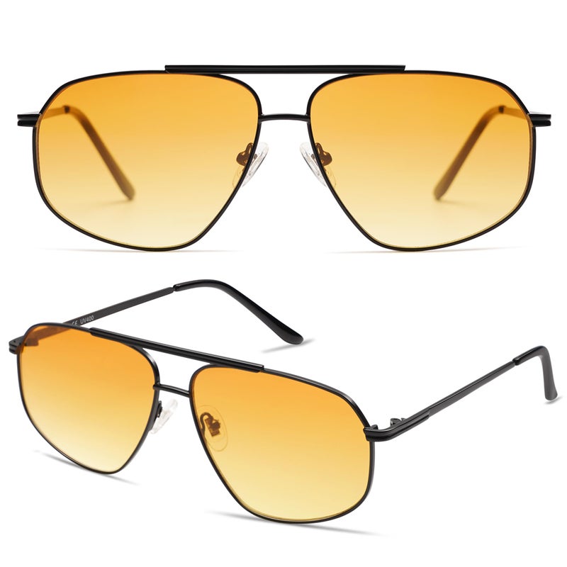SOJOS Classic Retro Aviator Sunglasses for Women Men Vintage Hexagonal Metal Frame UV400 Lenses SJ1200, Black/Yellow Tint - Image 2