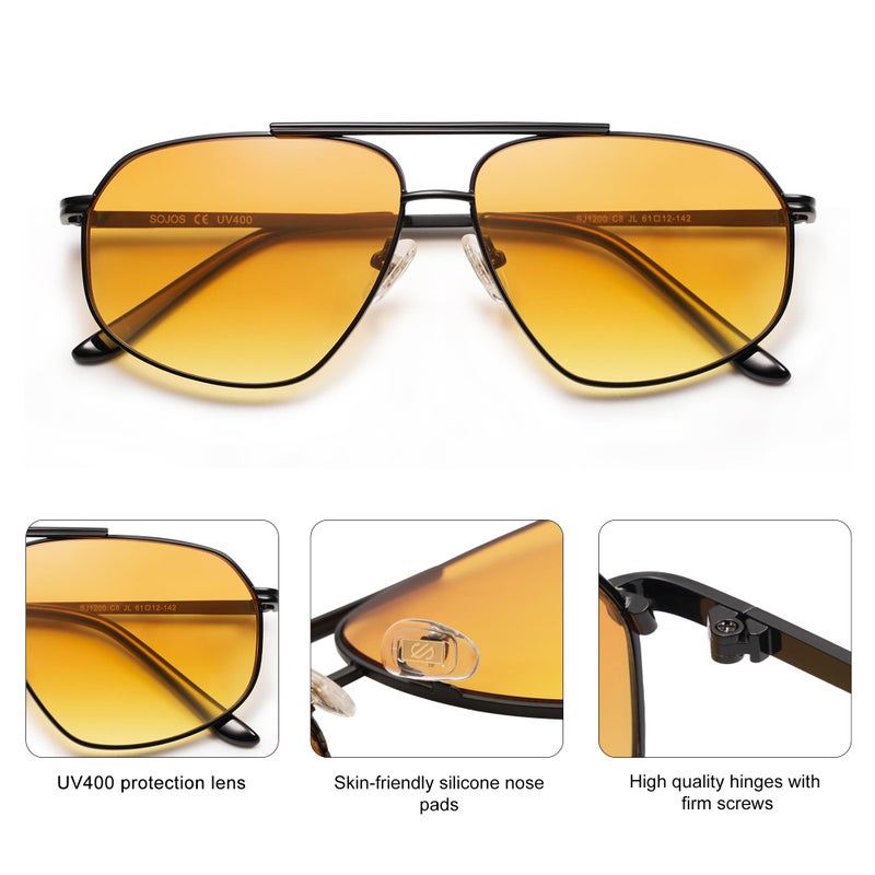 SOJOS Classic Retro Aviator Sunglasses for Women Men Vintage Hexagonal Metal Frame UV400 Lenses SJ1200, Black/Yellow Tint - Image 4