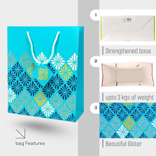 Tresneria Gift Bags with Geometric Pattern, Blue with Glitter, Rope Handle, for Parties and Celebrations (small -Blue-glitter, Set of 5) - Image 5