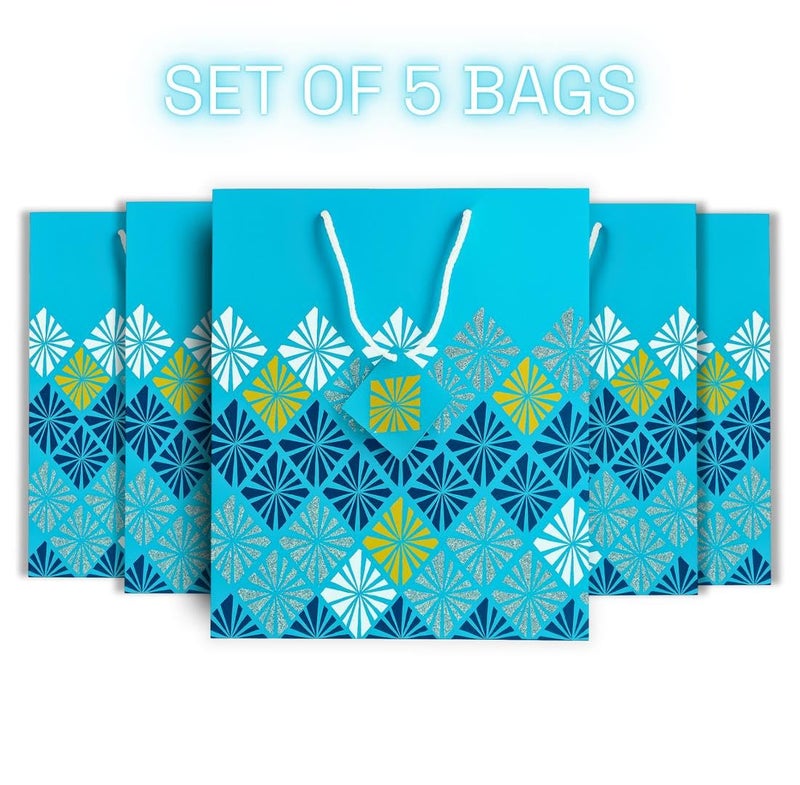 Tresneria Gift Bags with Geometric Pattern, Blue with Glitter, Rope Handle, for Parties and Celebrations (small -Blue-glitter, Set of 5) - Image 2