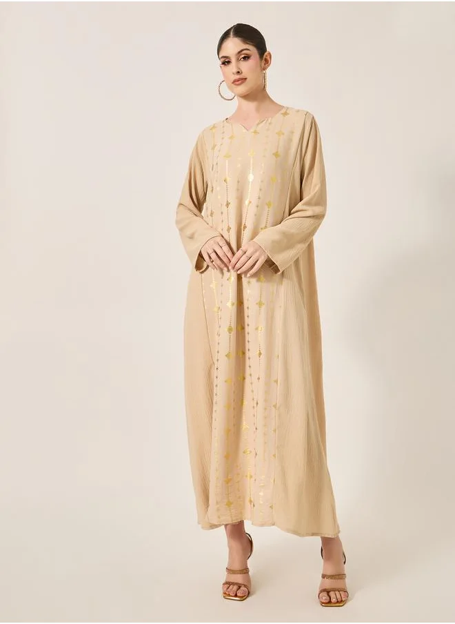 Styli Foil Print Notch Neck A-Line Jalabiya