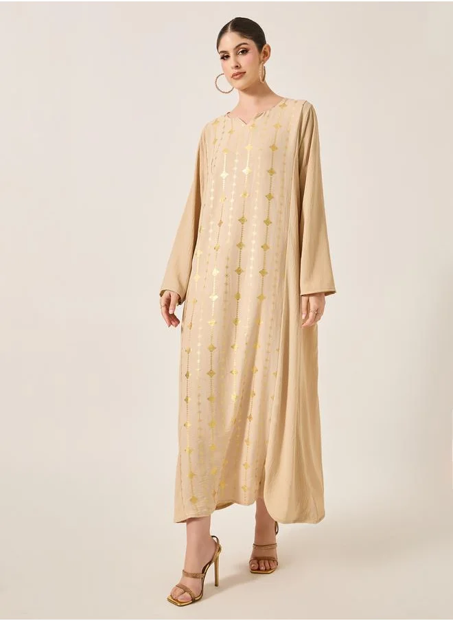 Styli Foil Print Notch Neck A-Line Jalabiya