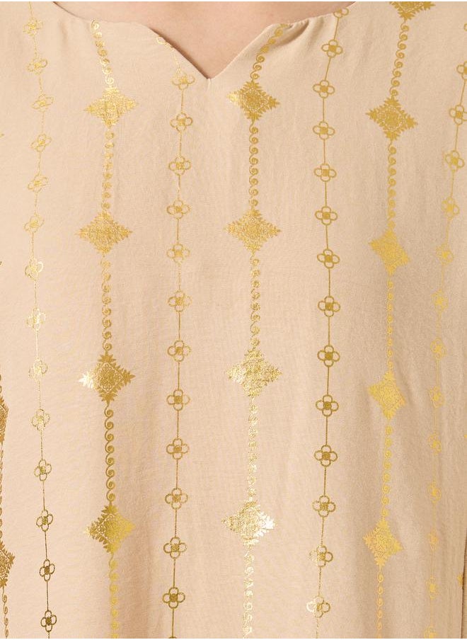 Styli Foil Print Notch Neck A-Line Jalabiya  - Image 4