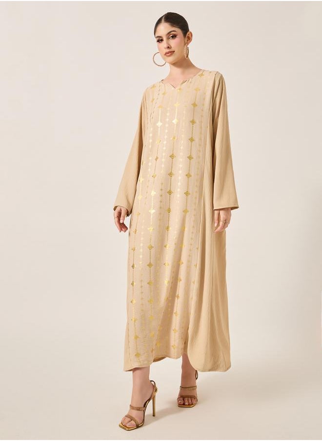 Styli Foil Print Notch Neck A-Line Jalabiya  - Image 1