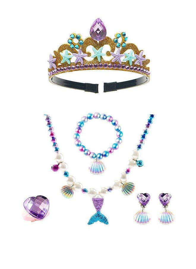 Generic Mermaid Jewelry Kit Little Set for Kids, Pearl Shell Crown Pendant Bracelets Ear Clips Set, Princess Party Dress Up Pretend Play Decorative Accessories (Purple)  - Image 1