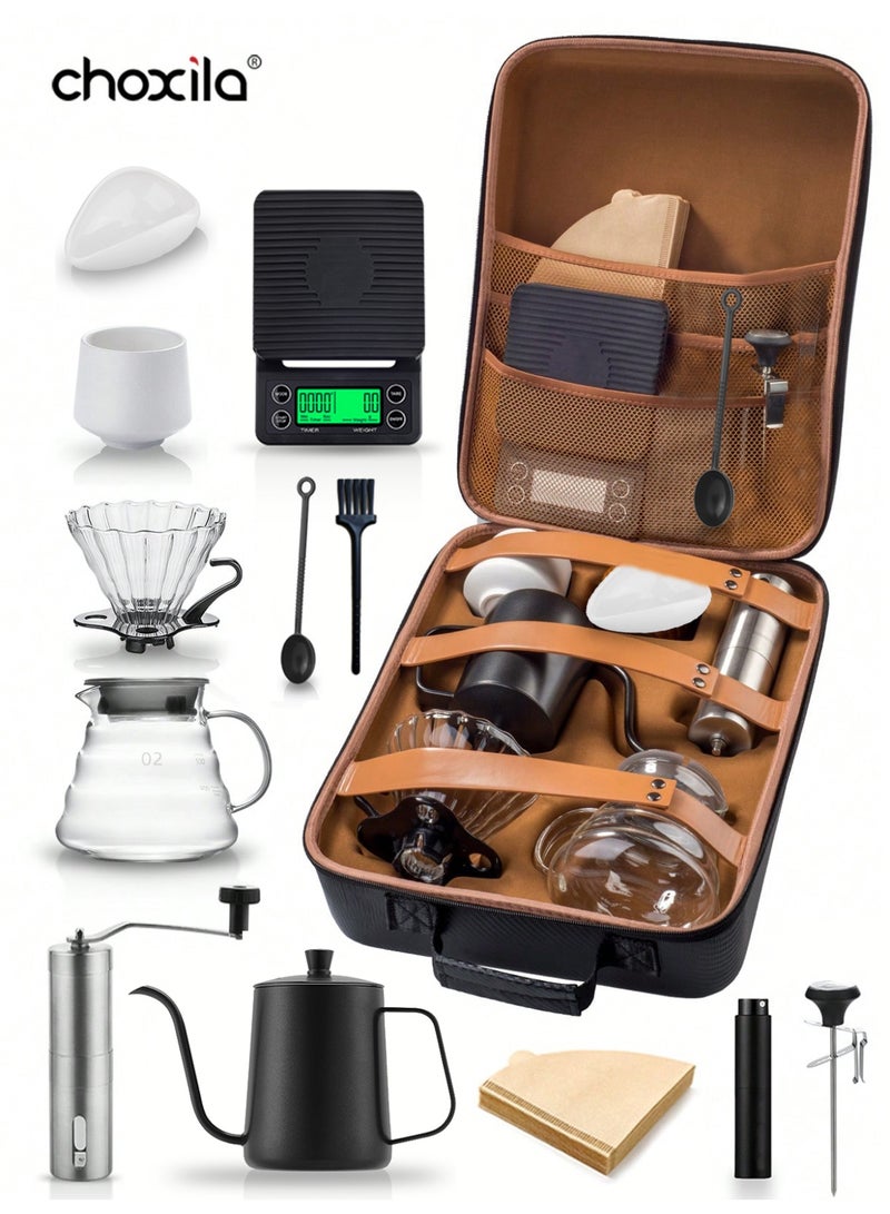choxila 13pcs/set Drip Coffee Set with Storage Box, V02 Coffee Set, Hand Drip Coffee Accessories Set, V02 Coffee Set Includes Coffee Dripper, Coffee Pot, Coffee Filter Paper, Grinder, Coffee Cup, Digital Scale, Coffee Scoop, Cleaning Brush, Gift for Coffee Lovers/Family/Coffee Enthusiasts, for Home, Cafe, Camping, Office, Coffee Corner - Image 1