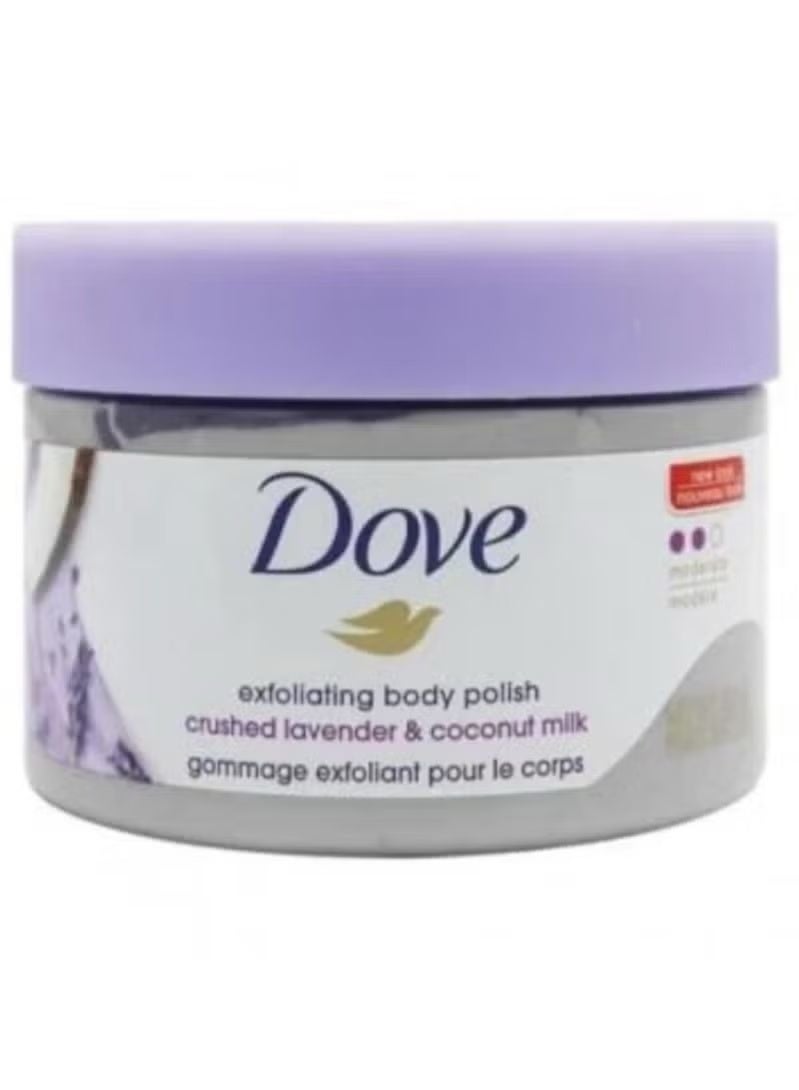 Dove body scrub with ground lavender and coconut milk gently removes dead skin cells and deeply nourishes the skin.
