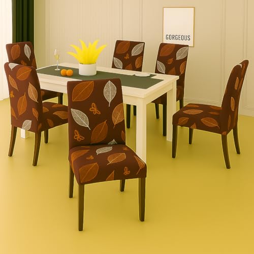 Homerz Premium Pack of 6 Elastic Stretchable Dining Chair Cover, Removable Washable Elastic Floral Printed Dining Chair Covers seat Cushion pad Wooden (Maroon Leaf, Pack of 6) - Image 1
