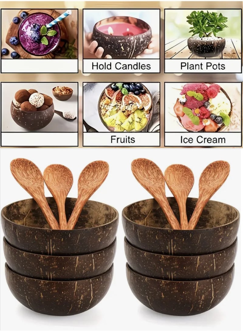 6pcs Coconut Bowl & Wooden Spoon Set | Natural Coconut Shell Bowls | Eco-Friendly Handmade Salad, Smoothie & Breakfast Bowl Set - Image 1