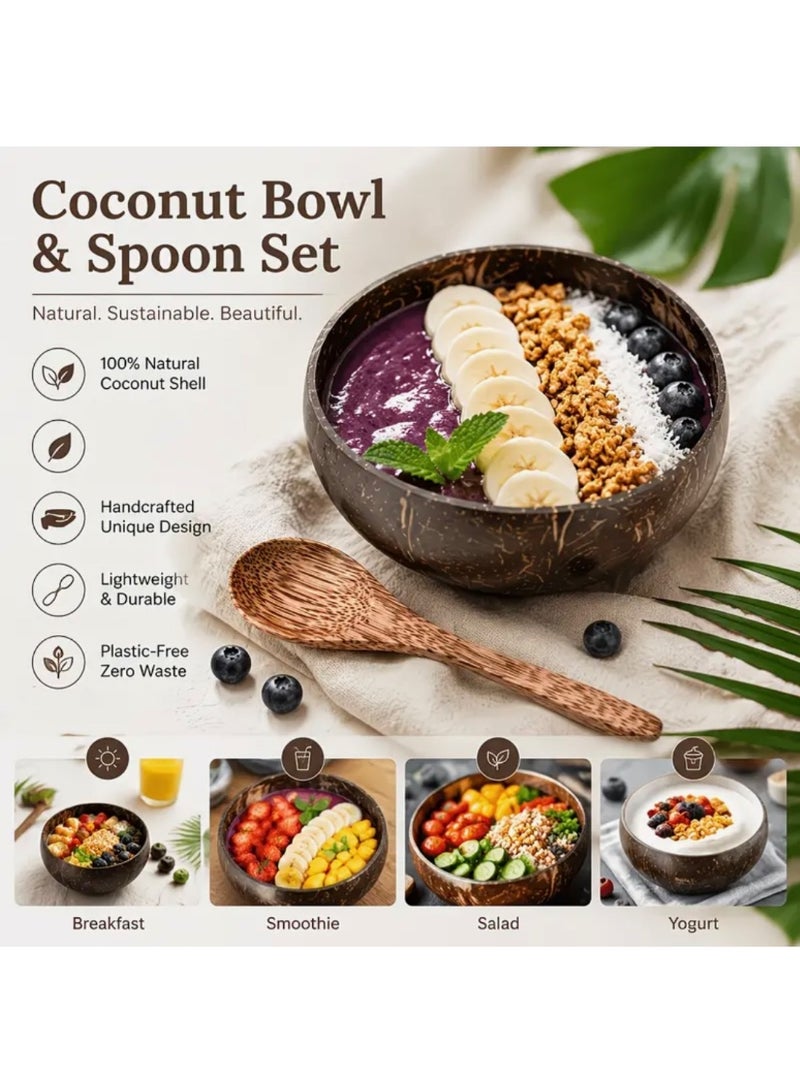 6pcs Coconut Bowl & Wooden Spoon Set | Natural Coconut Shell Bowls | Eco-Friendly Handmade Salad, Smoothie & Breakfast Bowl Set - Image 3