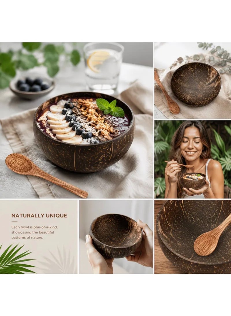 6pcs Coconut Bowl & Wooden Spoon Set | Natural Coconut Shell Bowls | Eco-Friendly Handmade Salad, Smoothie & Breakfast Bowl Set - Image 2