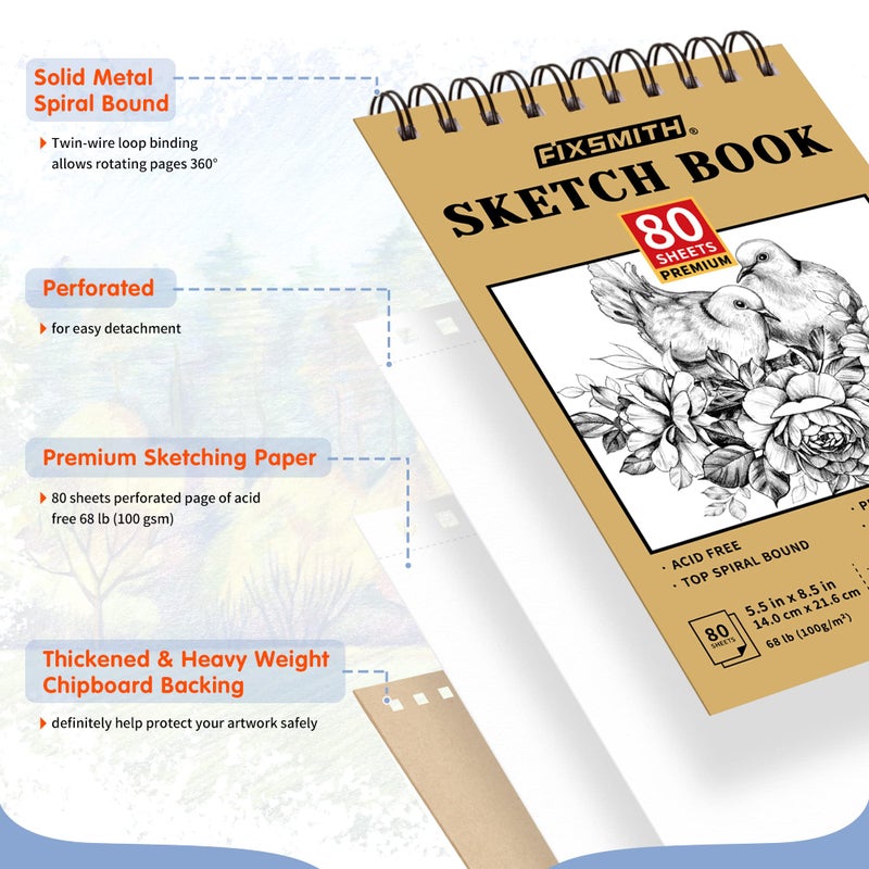 FIXSMITH دفتر رسم FIXSMITH 5.5"X8.5" | 80 ورقة (68 رطل/100 جرام) | دفتر رسم فني مع حلزوني علوي | لوح رسم خالي من الأحماض | مثالي للأطفال، المبتدئين، الفنانين والرسامين | أبيض ساطع - Image 2