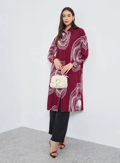 Take Two Burgundy Marble Print Longline Shirt and Pants Co-Ords