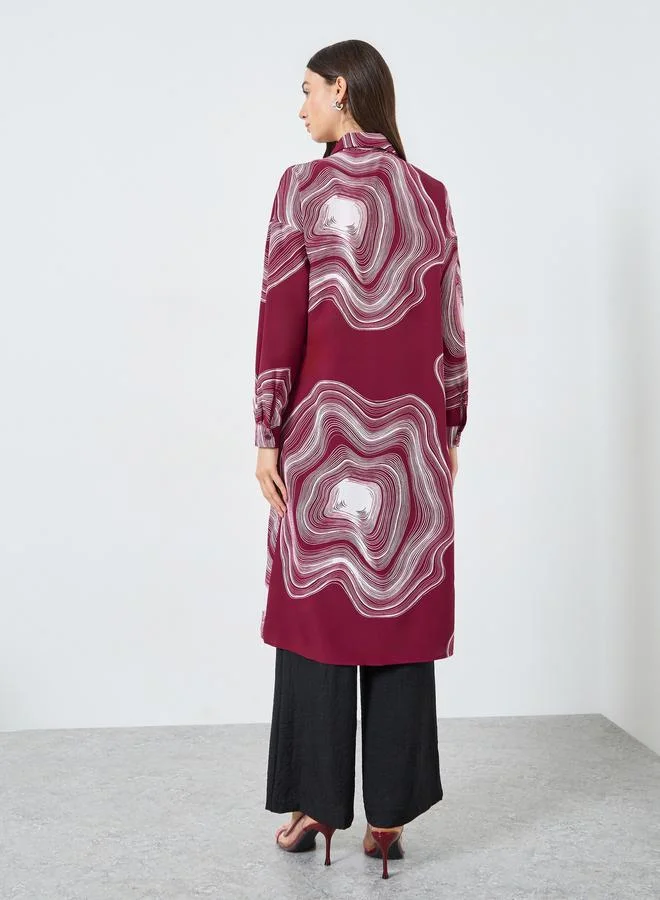 Take Two Burgundy Marble Print Longline Shirt and Pants Co-Ords