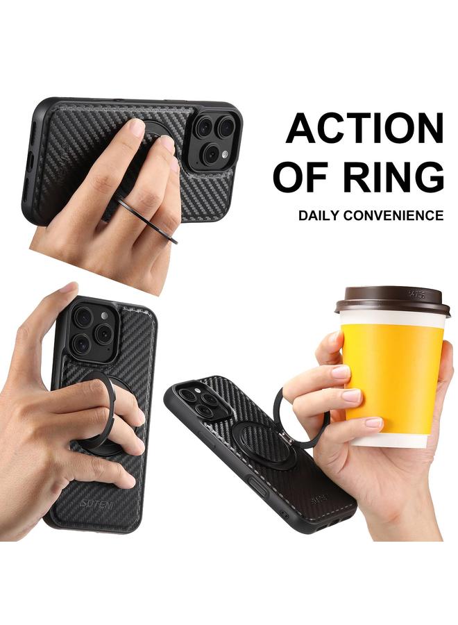 Suteni Case For iPhone 15 Pro G3 Carbon Fiber Leather 360 Rotation Holder MagSafe Phone Case - Image 2