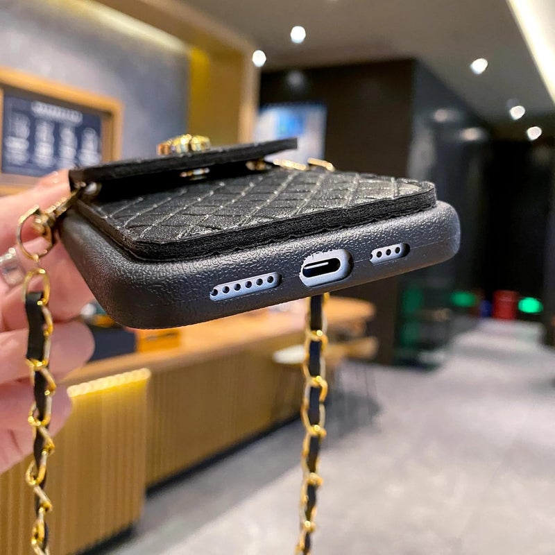 SPARKUP Crossbody Wallet Case for iPhone - Black Textured with Gold Chain, Card Holder, Strap Button Closure, Flip Kickstand, Shockproof Silicon Protective Cover (Black) (iPhone 15) - Image 4