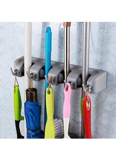ANYM ANYM Mop and Broom Organizer Wall Mounted Plastic Holder 4 Slot Position 5 Hooks Grey 