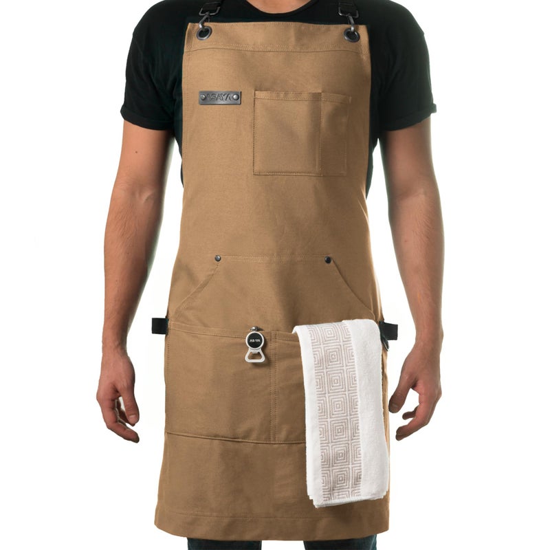 Asaya Chef BBQ Apron with Pockets Cross Back Canvas Cooking Apron for Women and Men Adjustable Work Grilling Aprons with Pocket Bottle Opener and Hand Towel 10oz Cotton Canvas Tan - Image 2