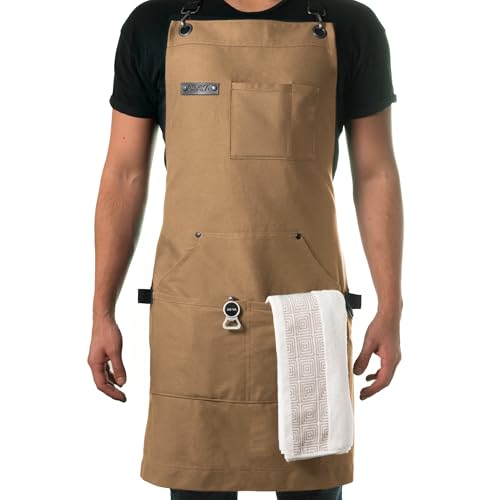 Asaya Chef BBQ Apron with Pockets Cross Back Canvas Cooking Apron for Women and Men Adjustable Work Grilling Aprons with Pocket Bottle Opener and Hand Towel 10oz Cotton Canvas Tan - Image 1