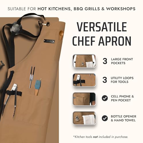 Asaya Chef BBQ Apron with Pockets Cross Back Canvas Cooking Apron for Women and Men Adjustable Work Grilling Aprons with Pocket Bottle Opener and Hand Towel 10oz Cotton Canvas Tan - Image 3