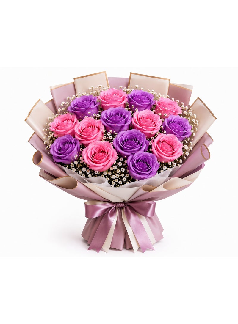 Fresh Flower Bouquet with 14 Premium Pink & Purple Roses, Baby's Breath