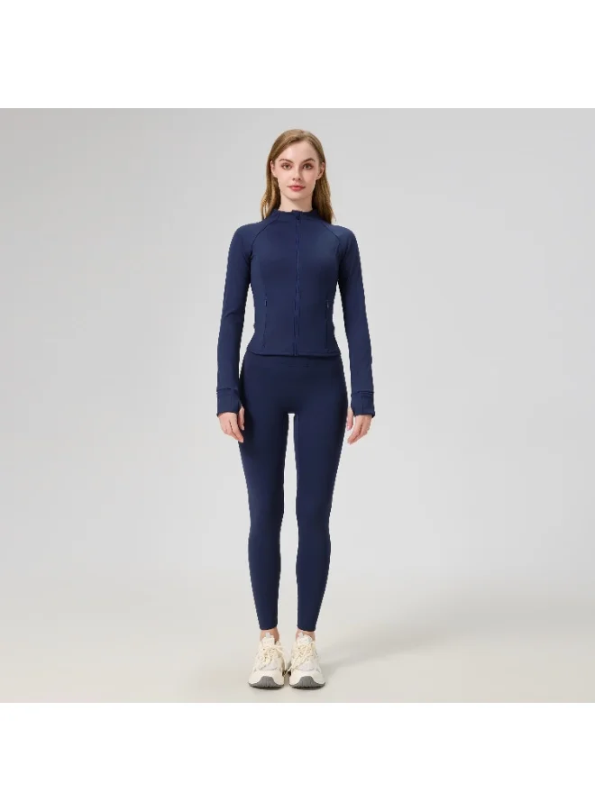 أﻣورﻛس جاكيت رياضي نسائي بسحاب كامل من AMORXE – تصميم ضيق بأكمام طويلة، مثالي لليوغا والجري والتمارين، مع فتحات للإبهام وجيوب بسحاب، خامة مرنة للرياضة واللياقة، صغير، أزرق داكن