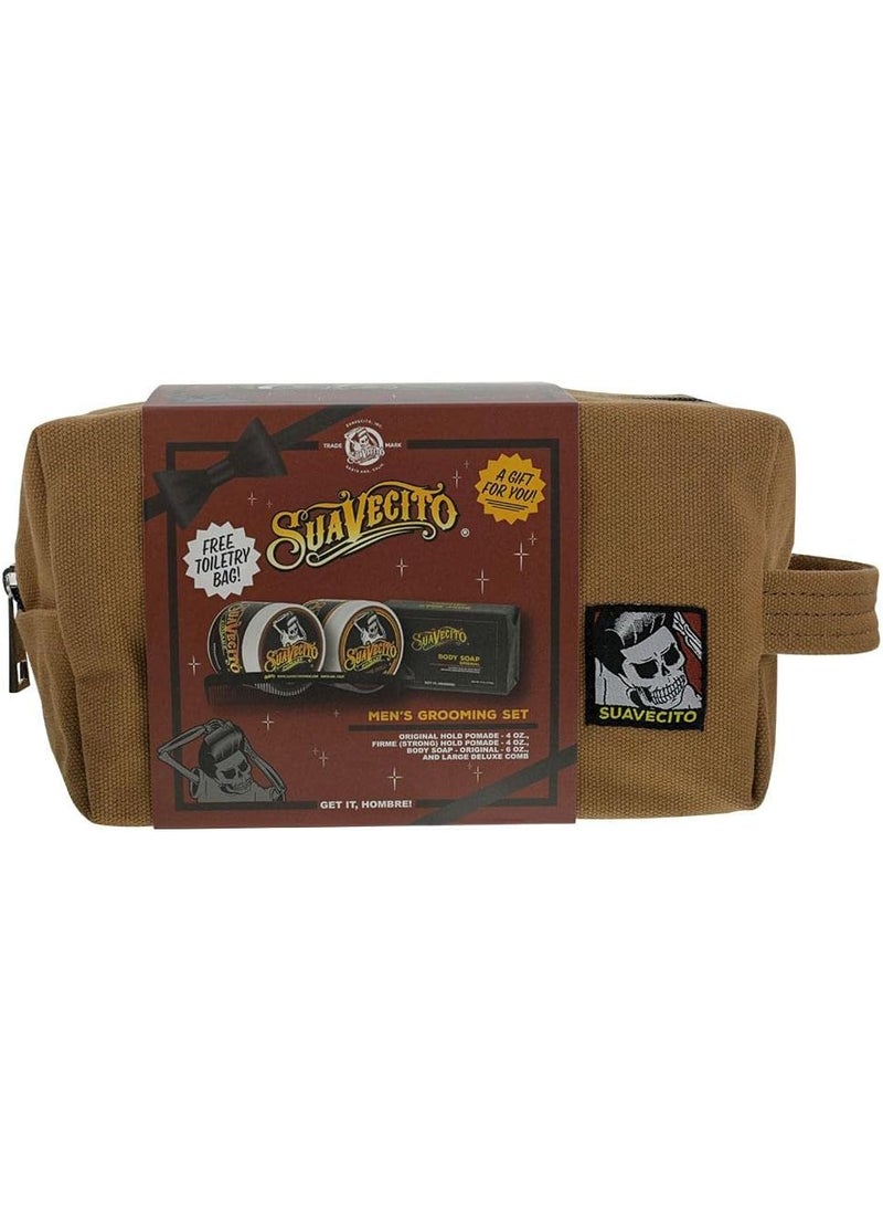 SUAVECITO Suavecito Mens Hair Grooming Set OG  Firme Strong Hold Pomade Body Soap Large Deluxe Comb  Sand Canvas Bag 