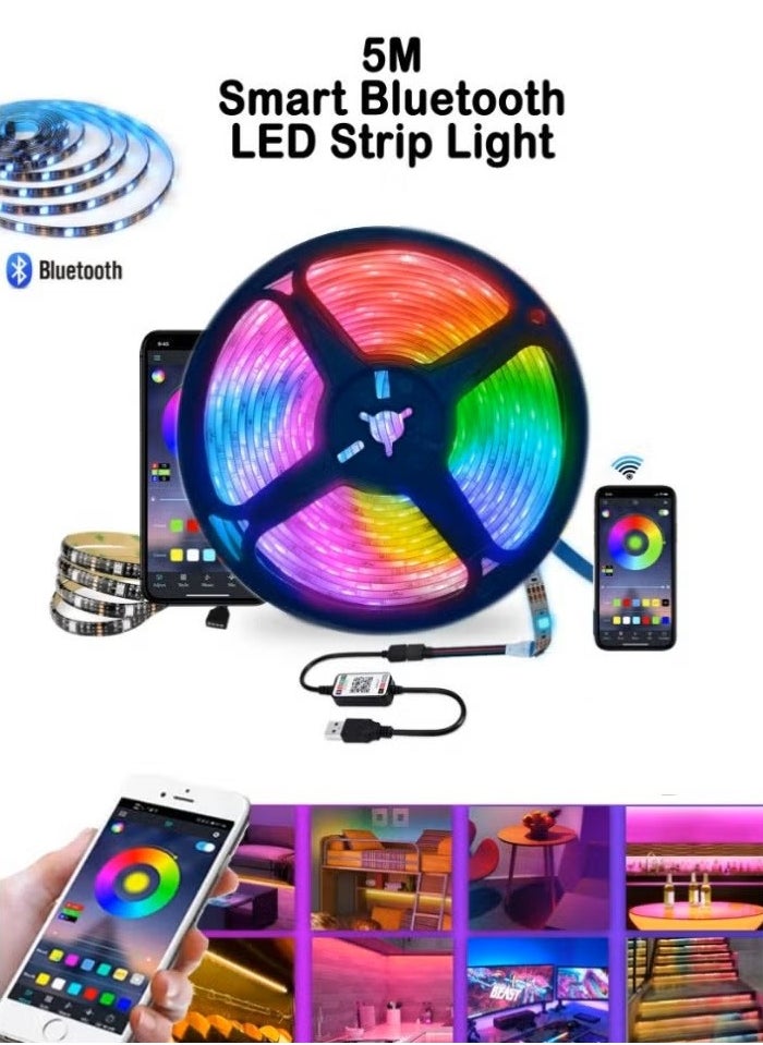 BGM - أضواء شريط LED بطول 5 أمتار، أضواء LED متغيرة الألوان بتقنية البلوتوث مع تحكم مجزأ في التطبيق، اختيار ألوان شريط LED الذكي، أضواء LED لمزامنة الموسيقى لغرفة النوم وغرفة المعيشة وحفلات المطبخ - Image 1