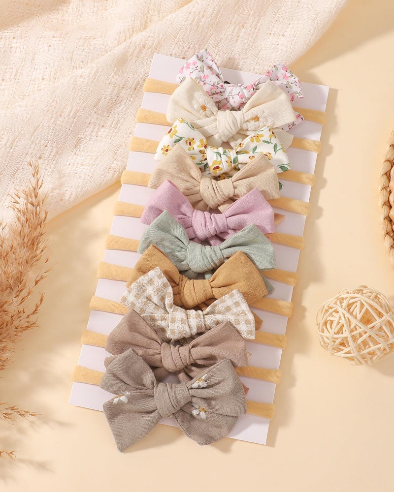 doboi 10PCS Baby Girls Headbands Hair Bows Nylon Cotton Linen Hairbands Fine Handmade Hair Accessories for Newborn Infant Toddlers Little Girls-Embroidered Flower - Image 3