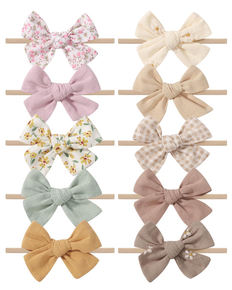 doboi 10PCS Baby Girls Headbands Hair Bows Nylon Cotton Linen Hairbands Fine Handmade Hair Accessories for Newborn Infant Toddlers Little Girls-Embroidered Flower - Image 1