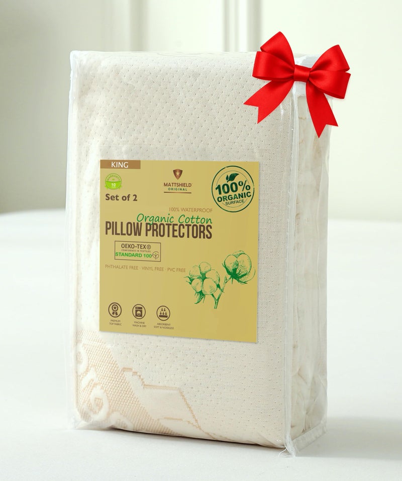 MATTSHIELD ORIGINAL 2-Pack Deluxe Organic Cotton Pillow Protectors - King - Certified Organic, Waterproof, Zippered Encasement, Soft Knit Fabric, Thick 280 GSM Cotton - Image 1